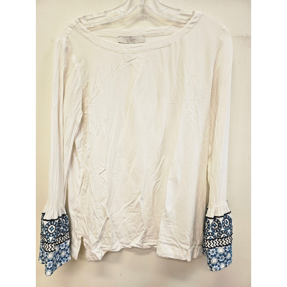 Loft Womens White Embroidered Bell Sleeve Top Boho Blouse XS